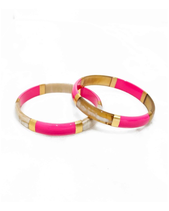 bracelet corne véritable - rose fuchsia - vif - pétant - large - manchette - tendance - été - unique - coloré