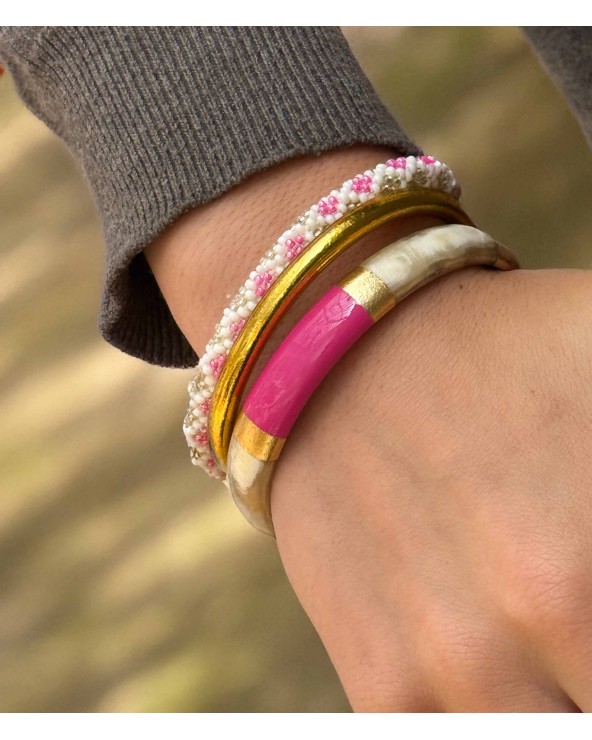 bracelet corne véritable - rose fuchsia - vif - pétant - large - manchette - tendance - été - unique - coloré