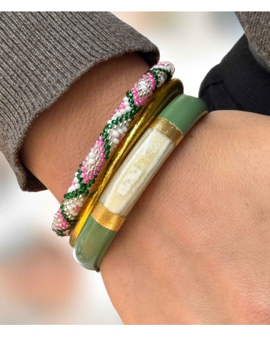 bracelet corne véritable - vert - large - doré - manchette - tendance - été - unique - coloré