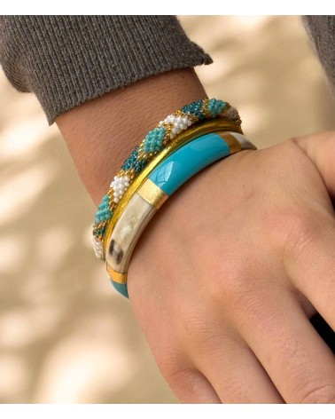 bracelet corne véritable - bleu - large - doré - manchette - tendance - été - unique - coloré