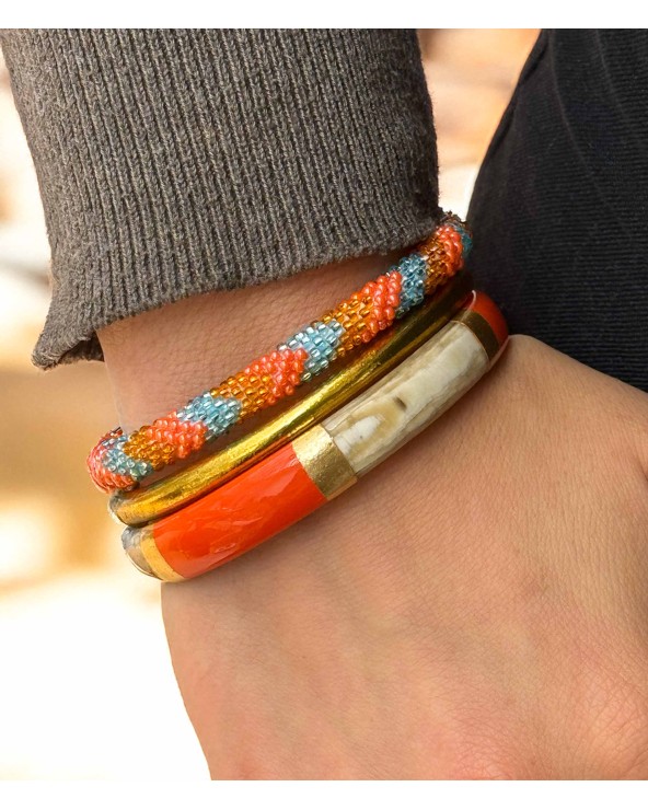 bracelet corne véritable - orange vif - large - doré - manchette - tendance - été - unique - coloré