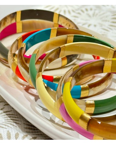 bracelet corne véritable - jaune - soleil - large - doré - manchette - tendance - été - unique - coloré