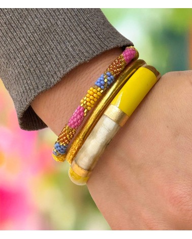 bracelet corne véritable - jaune - soleil - large - doré - manchette - tendance - été - unique - coloré