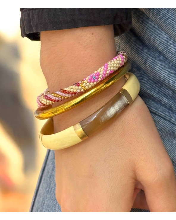 bracelet corne véritable - beige - jaune beurre - vanille - large - doré - manchette - tendance - été - unique - coloré