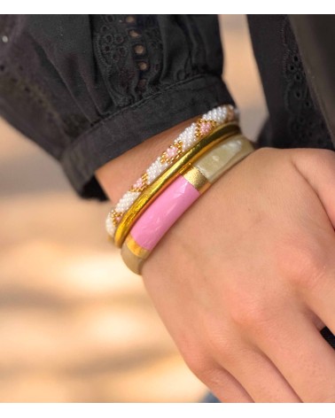 bracelet corne véritable - rose - pâle - large - doré - manchette - tendance - été - unique - coloré