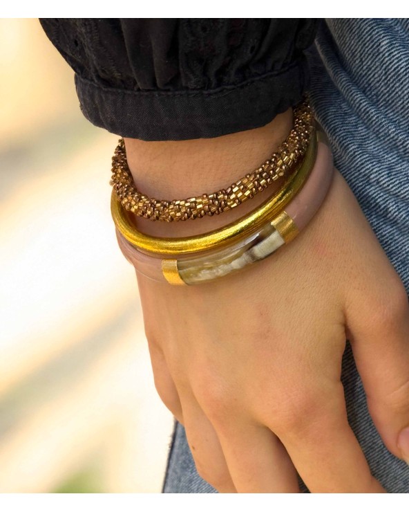 bracelet corne véritable - taupe - beige - large - doré - manchette - tendance - été - unique - coloré