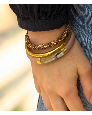 bracelet corne véritable - taupe - beige - large - doré - manchette - tendance - été - unique - coloré