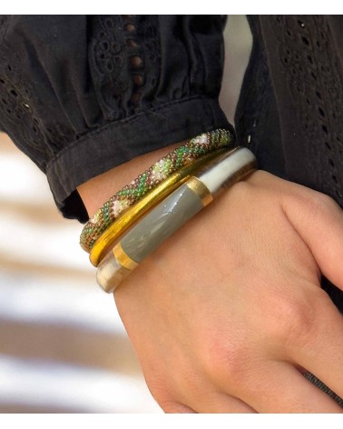 bracelet corne véritable - kaki - vert - large - doré - manchette - tendance - été - unique - coloré