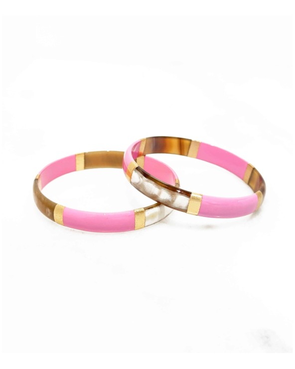 bracelet corne véritable - rose - pâle - large - doré - manchette - tendance - été - unique - coloré