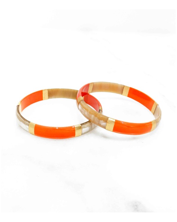 bracelet corne véritable - orange vif - large - doré - manchette - tendance - été - unique - coloré