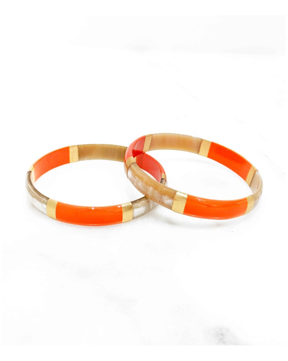 bracelet corne véritable - orange vif - large - doré - manchette - tendance - été - unique - coloré