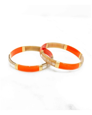 bracelet corne véritable - orange vif - large - doré - manchette - tendance - été - unique - coloré