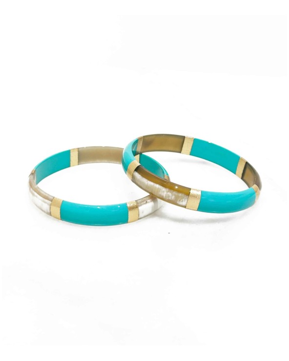 bracelet corne véritable - bleu - large - doré - manchette - tendance - été - unique - coloré