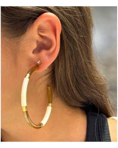 Boucles d'oreilles - créoles - corne corne naturelle - doré - feuilles d'or - ivoire - blanc