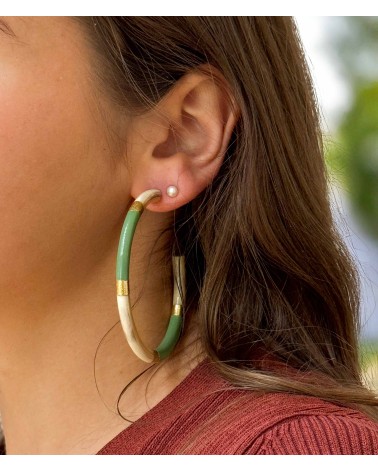 Boucles d'oreilles - créoles - corne corne naturelle - vert - feuilles d'or
