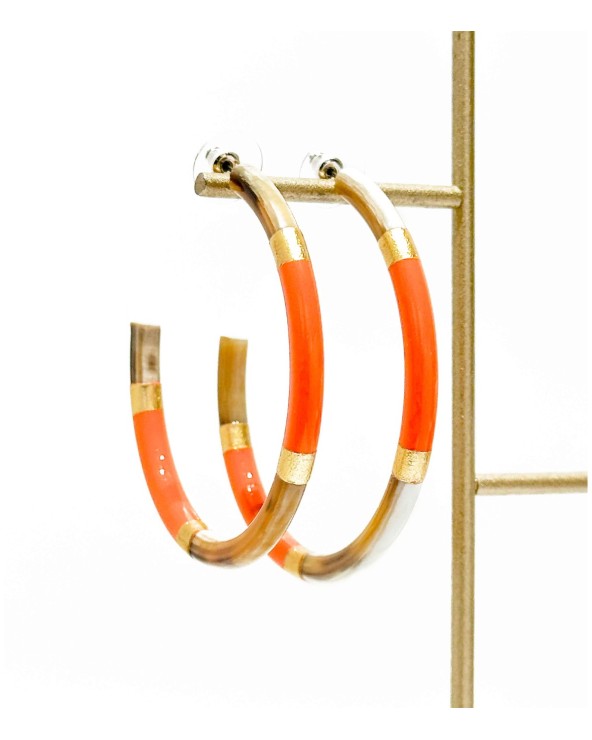 Boucles d'oreilles - créoles - corne corne naturelle - orange - feuilles d'or