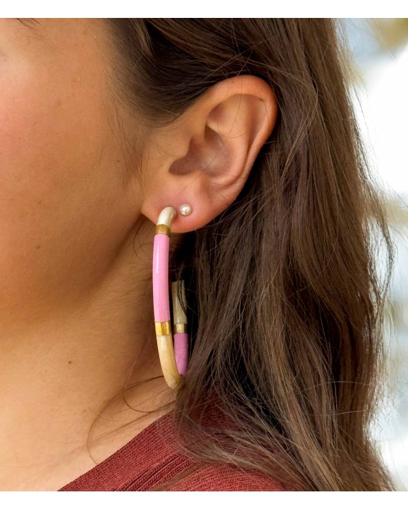 Boucles d'oreilles - créoles - corne corne naturelle - rose - feuilles d'or