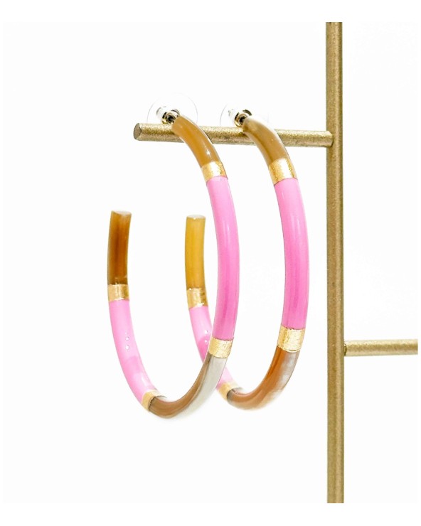 Boucles d'oreilles - créoles - corne corne naturelle - rose - feuilles d'or
