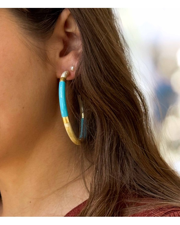 Boucles d'oreilles - créoles - corne corne naturelle - bleu - feuilles d'or