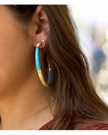 Boucles d'oreilles - créoles - corne corne naturelle - bleu - feuilles d'or