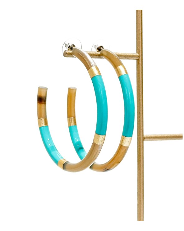 Boucles d'oreilles - créoles - corne corne naturelle - bleu - feuilles d'or