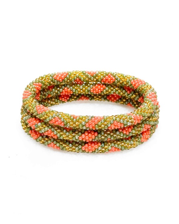Bracelet népalais - kaki - corail - doré - coloré  - flèche - perles - tissé à la main - été - doré - losanges