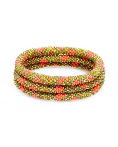 Bracelet népalais - kaki - corail - doré - coloré  - flèche - perles - tissé à la main - été - doré - losanges