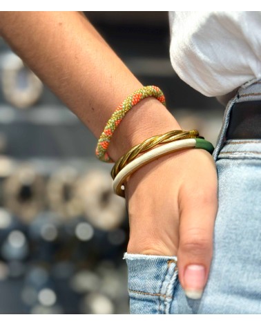 Bracelet népalais - kaki - corail - doré - coloré  - flèche - perles - tissé à la main - été - doré - losanges