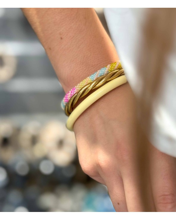Bracelet népalais - pastel - jaune - bleu - rose - coloré  - flèche - doré - perles - tissé à la main - été