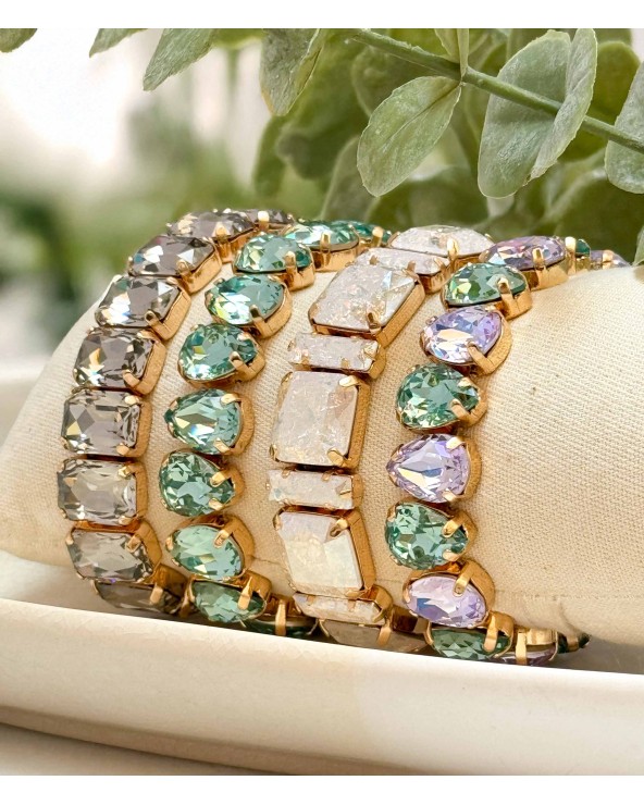 Bracelet cristal K9 - forme de goutte - lavande et émeraude - vert d'eau - doré - laiton - strass - bicolore - paloma bijoux