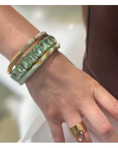 Bracelet cristal K9 - recatangle - élastique - vert clair - doré - laiton - strass - bicolore - paloma bijoux