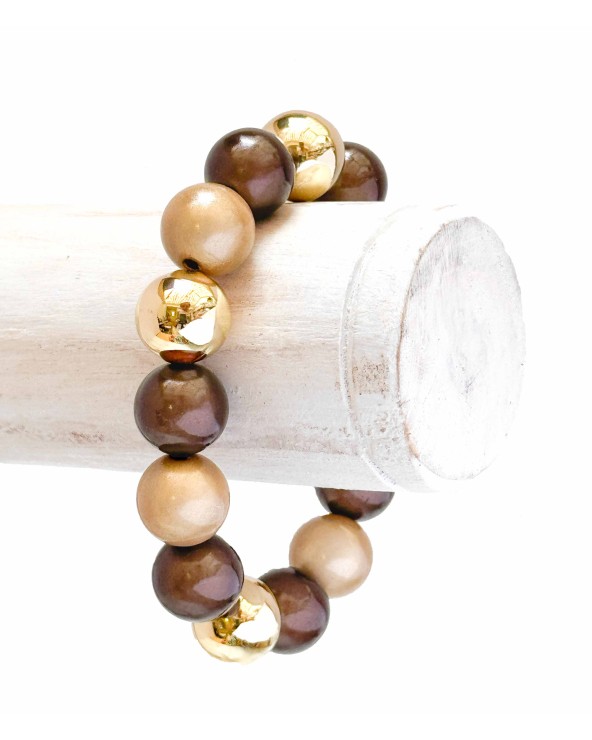 Bracelet boule - beige marron - doré - résine - léger - élastique - perle - paloma bijoux - été - couleur - coloré