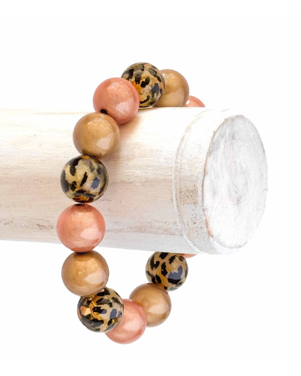 Bracelet boule - léopard - marron ) beige - corail - résine - léger - élastique - perle - paloma bijoux - été - couleur - coloré