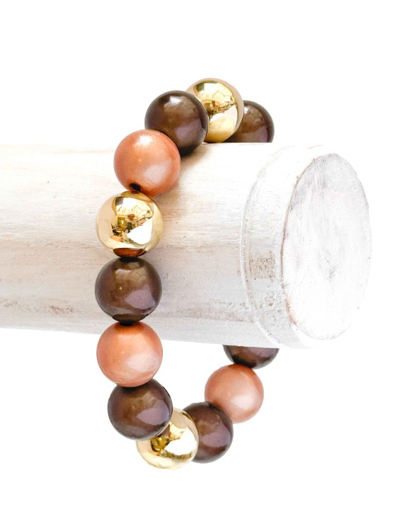 Bracelet boule - corail marron - doré - résine - léger - élastique - perle - paloma bijoux - été - couleur - coloré