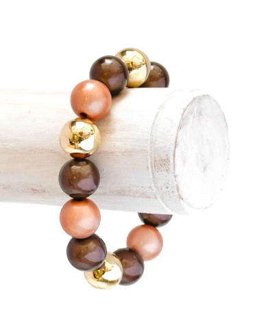 Bracelet boule - corail marron - doré - résine - léger - élastique - perle - paloma bijoux - été - couleur - coloré