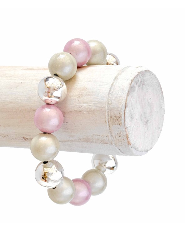 Bracelet boule - argenté - rose - ivoire -  résine - léger - élastique - perle - paloma bijoux - été - couleur - coloré