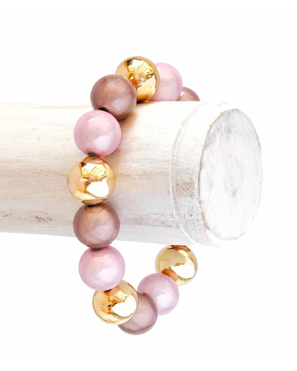 Bracelet boule - doré - rose - marron -  résine - léger - élastique - perle - paloma bijoux - été - couleur - coloré