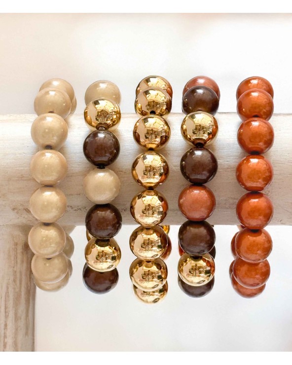 Bracelet boule - beige marron - doré - résine - léger - élastique - perle - paloma bijoux - été - couleur - coloré