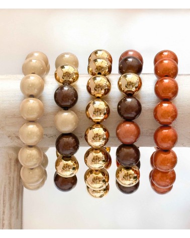 Bracelet boule - beige marron - doré - résine - léger - élastique - perle - paloma bijoux - été - couleur - coloré