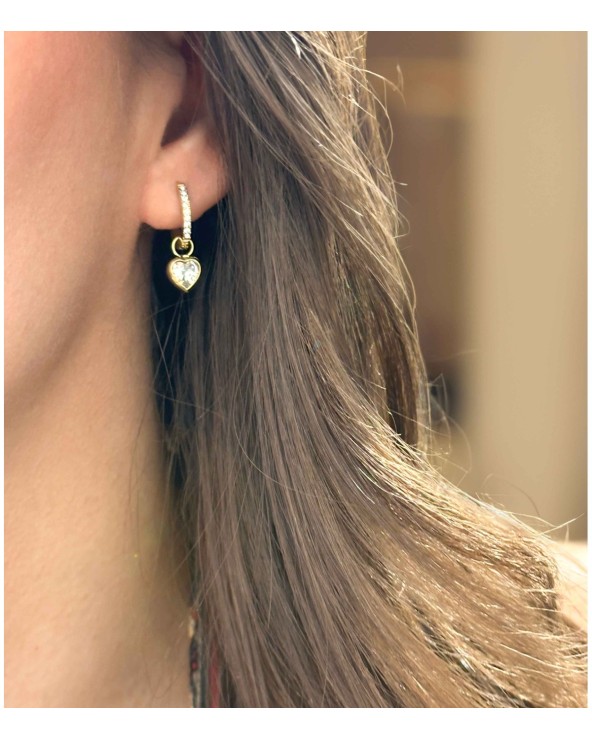 boucles d'oreilles - mini créole - coeur - strass - pendentif - pampille - doré - acier inoxydable - rouille pas
