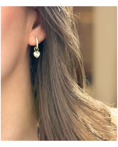boucles d'oreilles - mini créole - coeur - strass - pendentif - pampille - doré - acier inoxydable - rouille pas