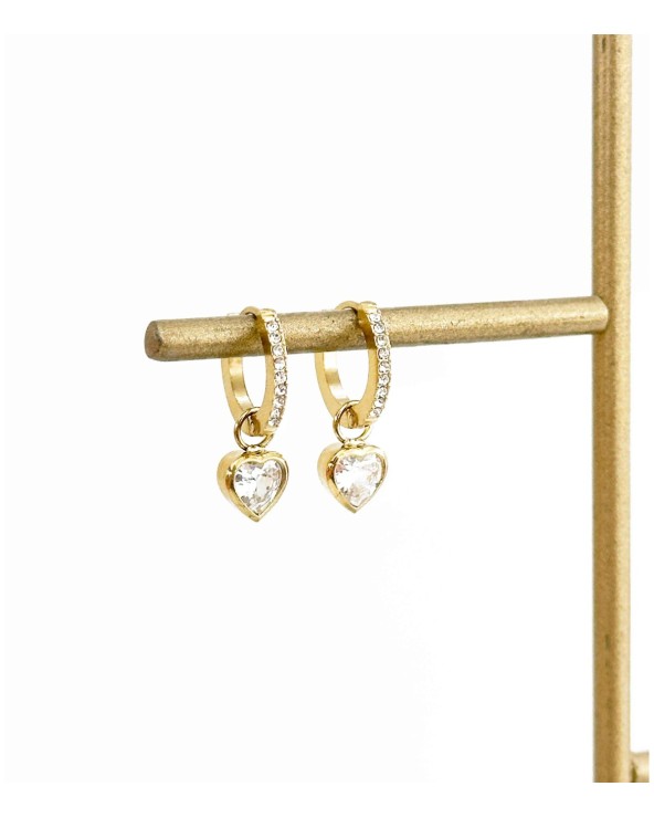 boucles d'oreilles - mini créole - coeur - strass - pendentif - pampille - doré - acier inoxydable - rouille pas