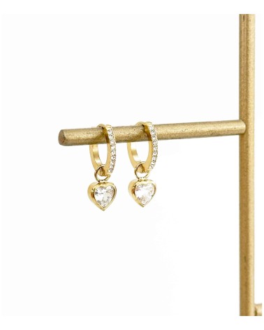 boucles d'oreilles - mini créole - coeur - strass - pendentif - pampille - doré - acier inoxydable - rouille pas