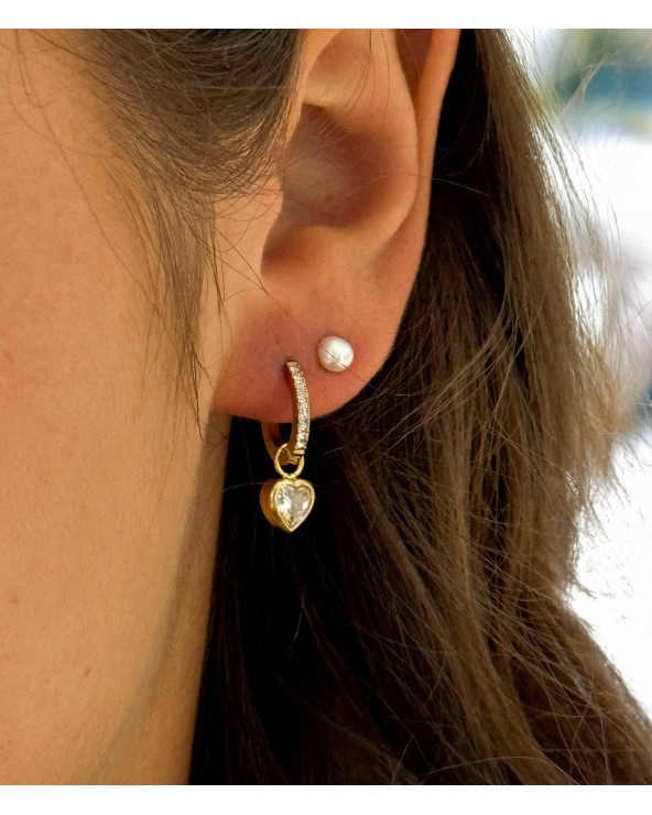 boucles d'oreilles - mini créole - coeur - strass - pendentif - pampille - doré - acier inoxydable - rouille pas