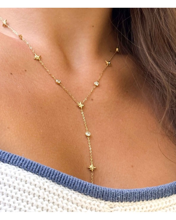 Collier - long - acier inoxydable - étoile - rond - strass - y - décolleté - rouille pas - sautoir
