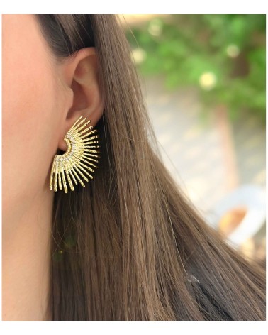 boucles d'oreilles - soleil - strass - doré - pendentif - demi soleil - doré - acier inoxydable - rouille pas