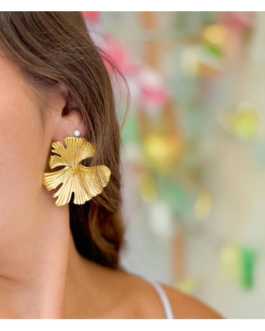 boucles d'oreilles - Ginkgo - feuille - doré - fleur - doré - acier inoxydable - rouille pas
