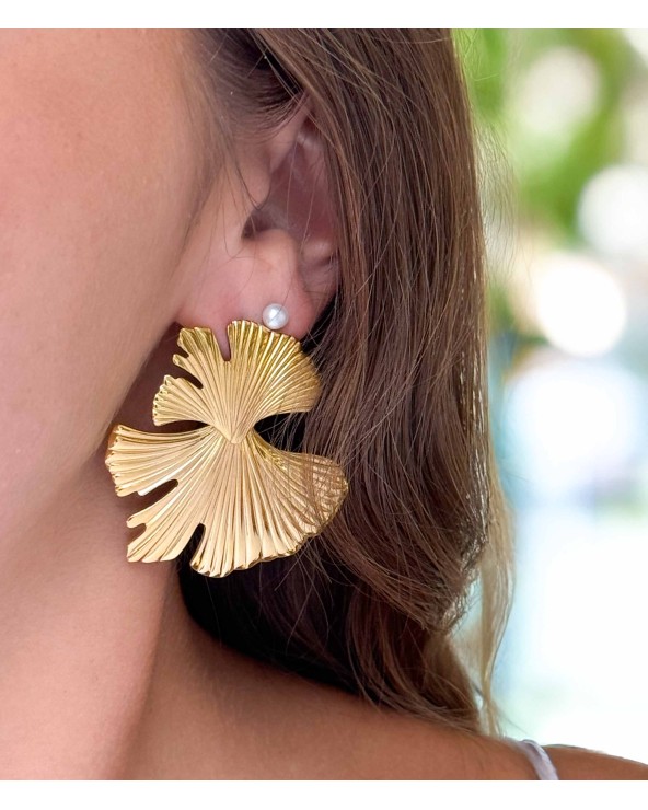 boucles d'oreilles - Ginkgo - feuille - doré - fleur - doré - acier inoxydable - rouille pas