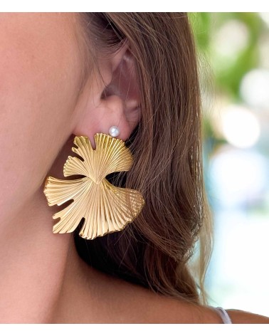 boucles d'oreilles - Ginkgo - feuille - doré - fleur - doré - acier inoxydable - rouille pas