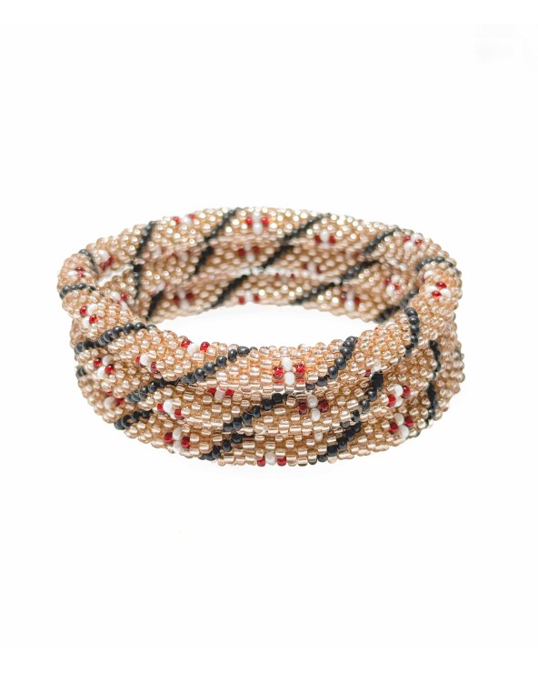 Bracelet népalais - beige - brillant - métallisé - coloré  - torsade - gris - perles - tissé à la main - été - doré